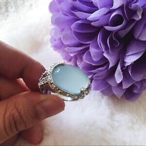 Silver Oval Aqua Blue Ring
